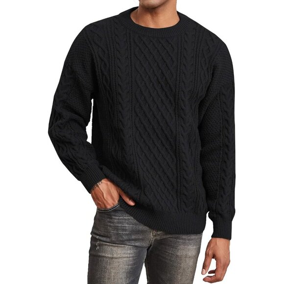 ❤️ Men's Black Polyester Cable Knitted Twist Patterned Pullover Sweater - Picture 2 of 6